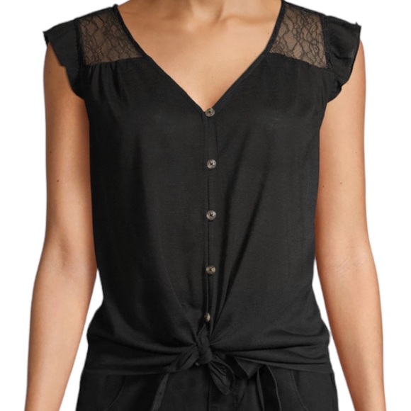 4/$32 No Boundaries📌 size large black ruffle sleeve button up lace & front knot - Picture 1 of 11